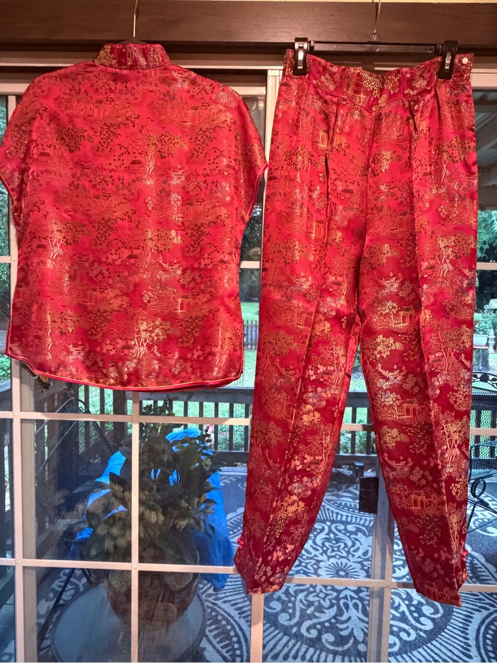 Red Satin Mandarin Collar Pant Set - Asian-Inspired Women's Pantsuit - Picture 8 of 8